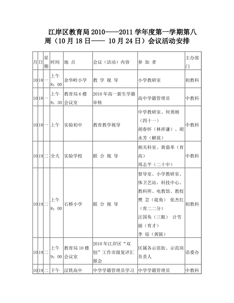 江岸区教育局2010——2011学年度第一学期第八周(10月18日——+10