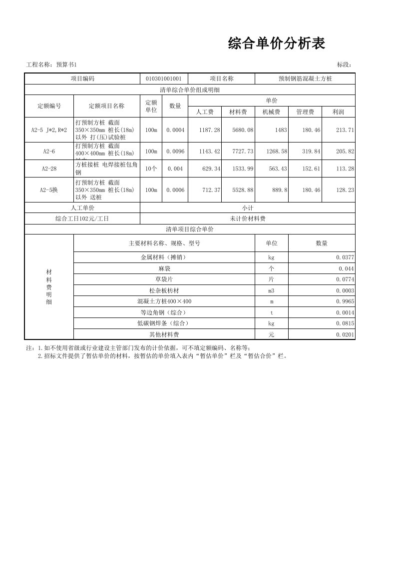 桩综合单价分析表