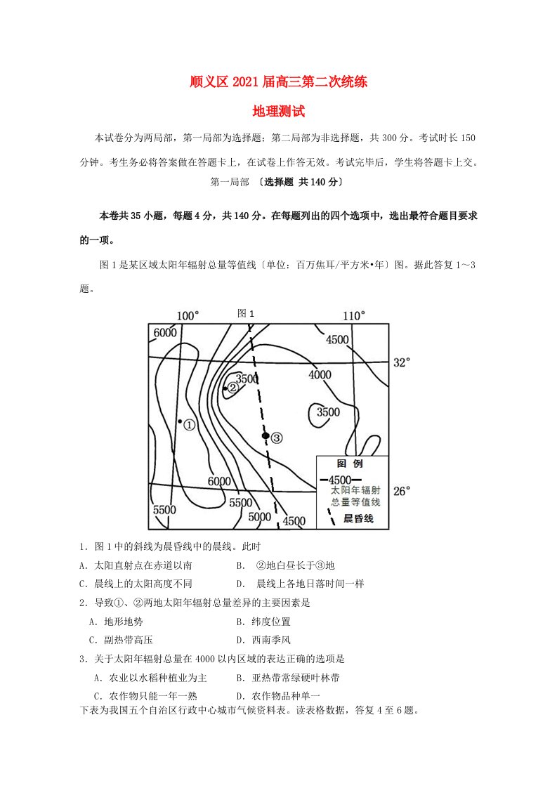 北京市顺义区202X届高三文综第二次统练试题（顺义二模，地理部分）新人教版