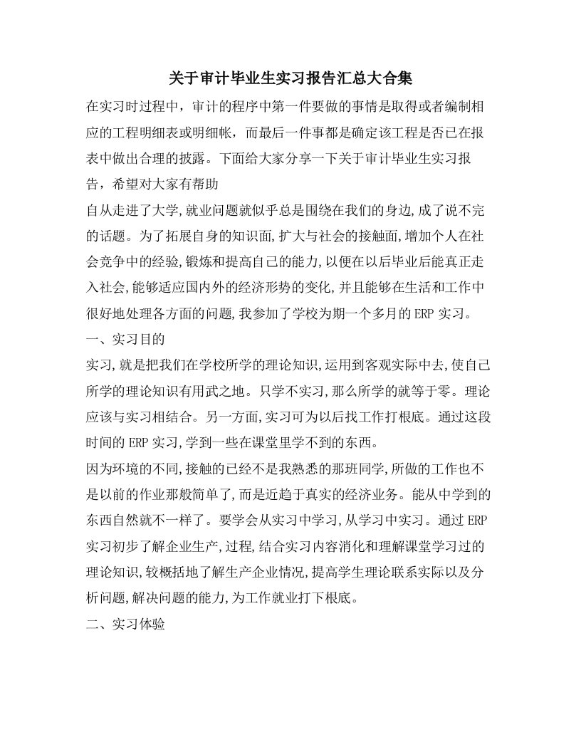 关于审计毕业生实习报告汇总大合集