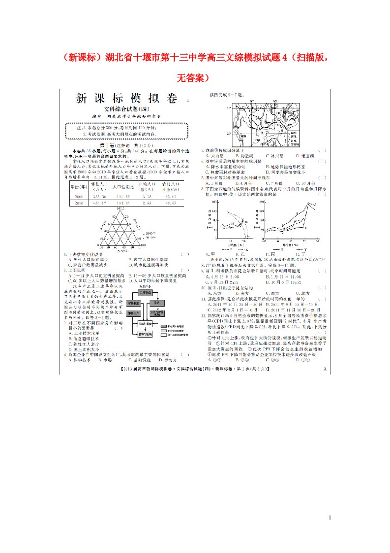 湖北省十堰市第十三中学高三文综模拟试题4（扫描版，无答案）