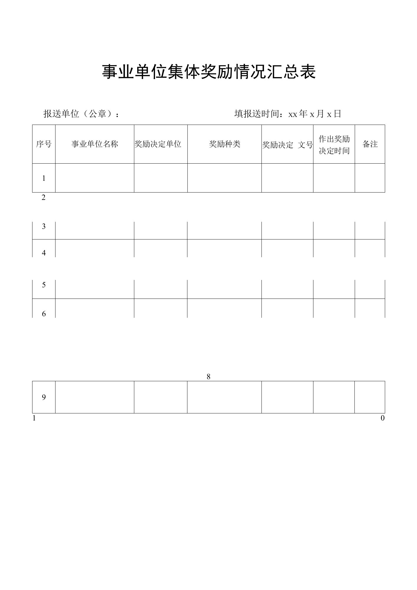 事业单位集体奖励情况汇总表