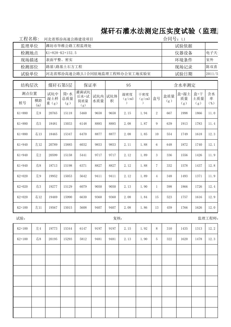 灌水法测定压实度试验记录表(自动计算)监理版2