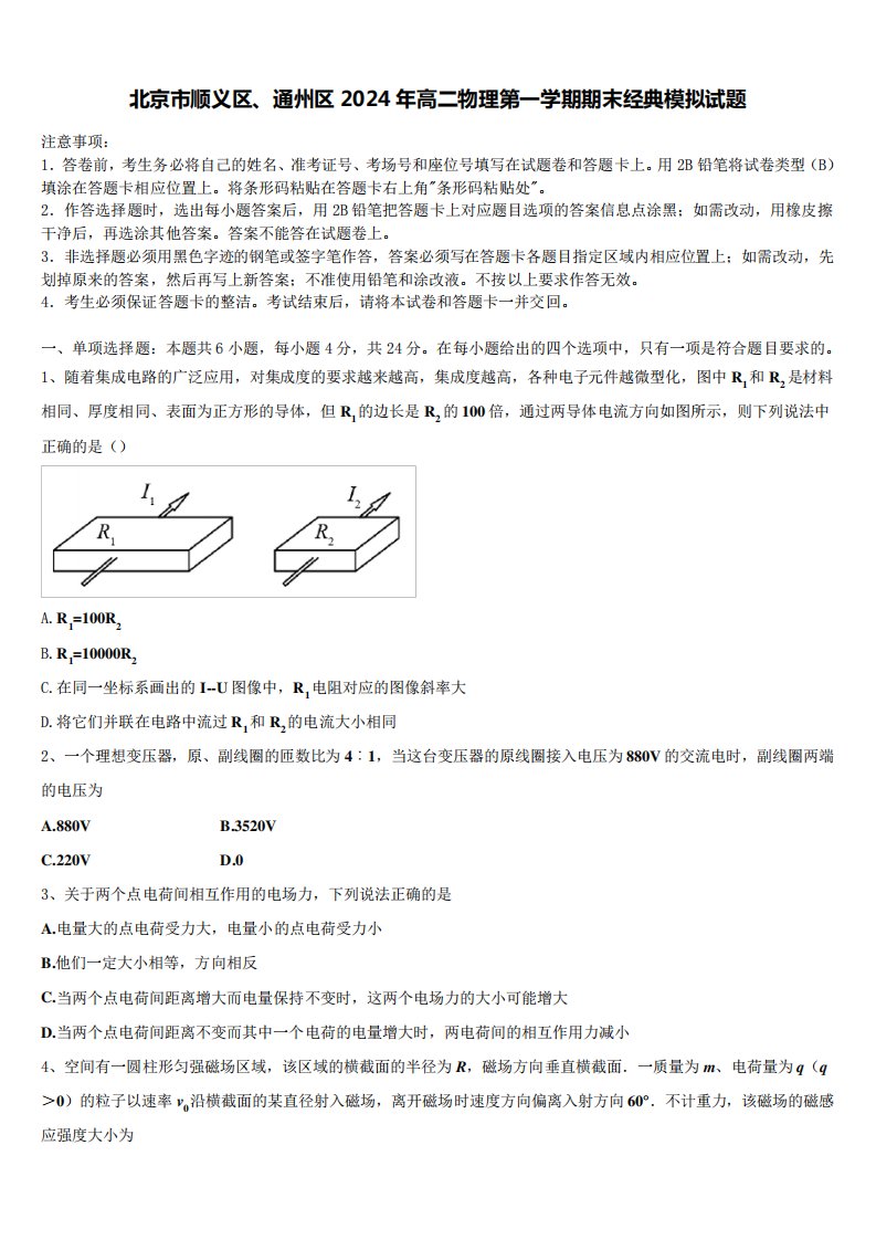 北京市顺义区、通州区2024年高二物理第一学期期末经典模拟试题含精品6548