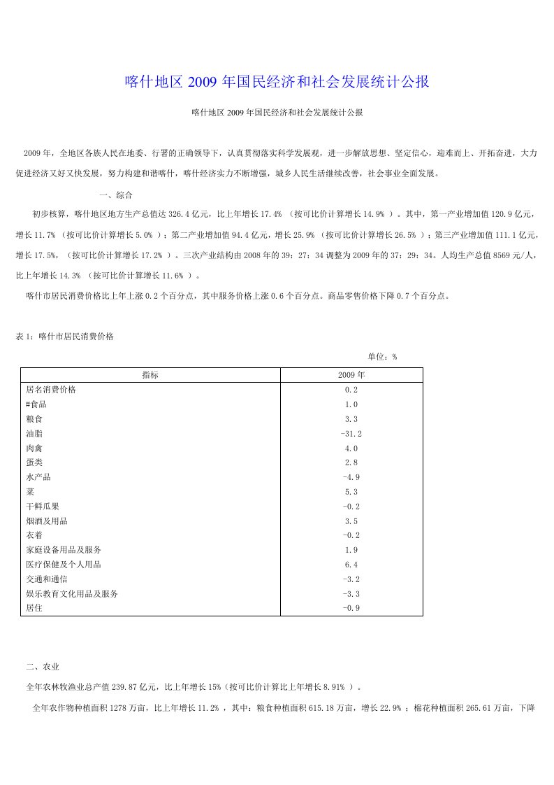 喀什地区2011国民经济与社会发展统计公报