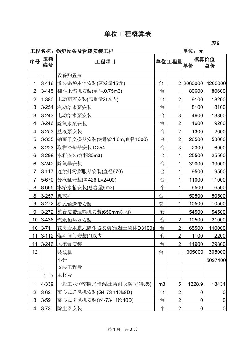 锅炉设备及管线安装工程概算