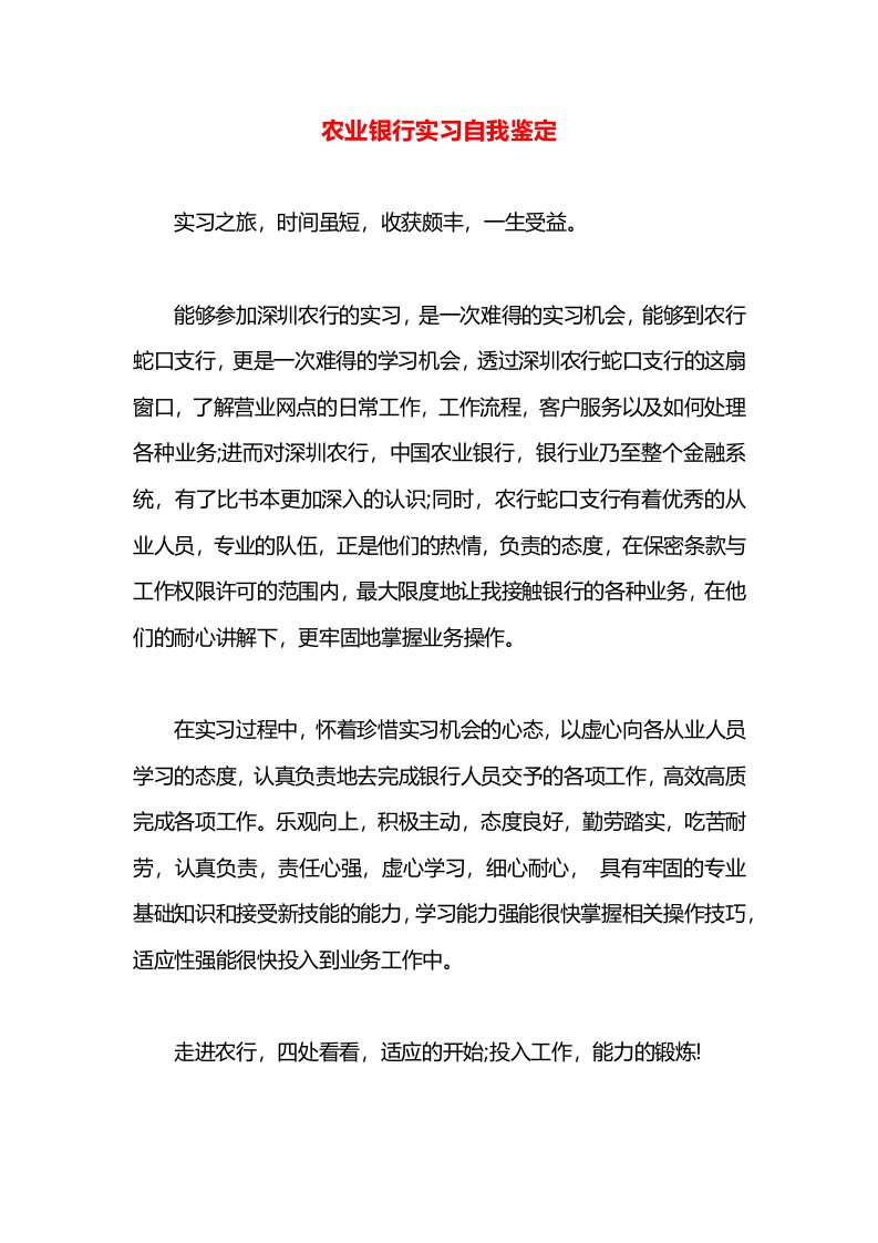 农业银行实习自我鉴定