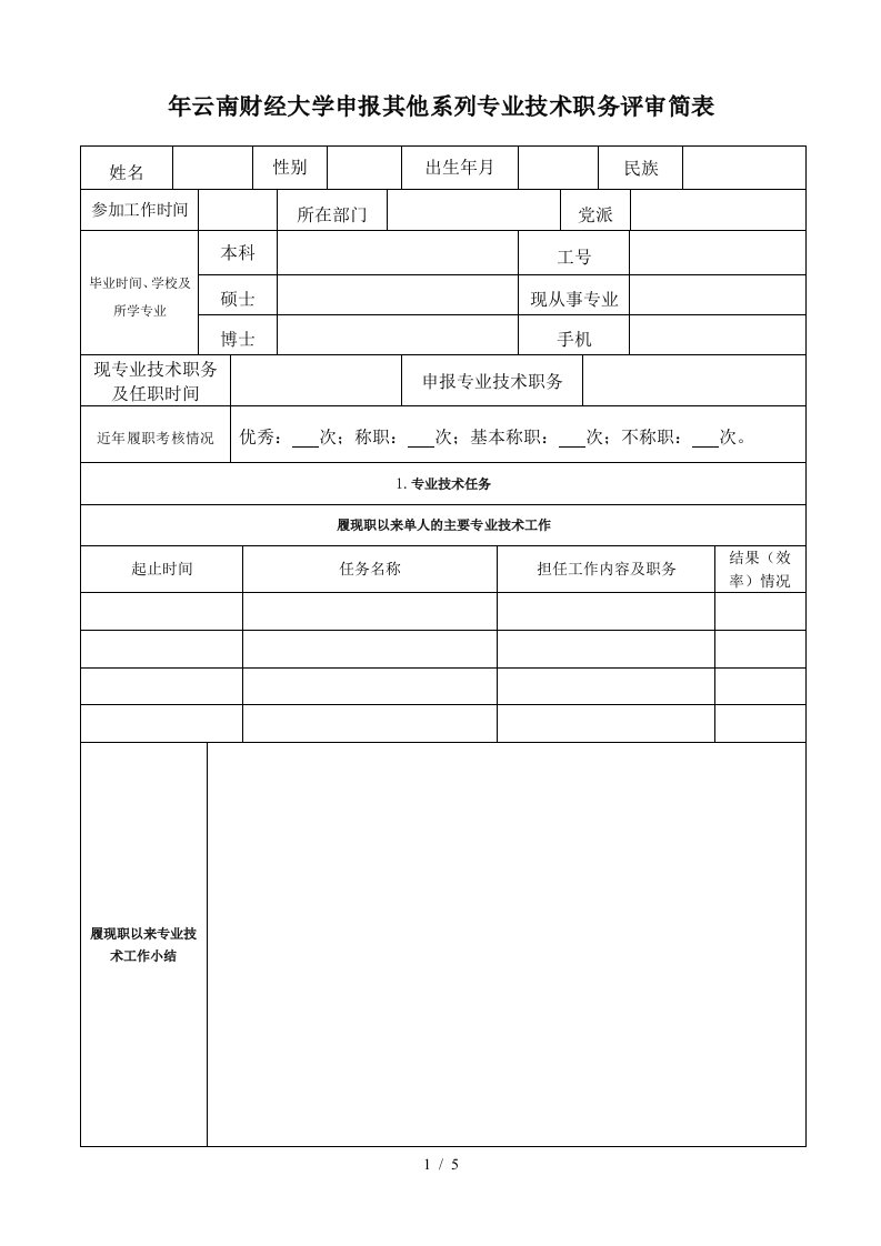 2019年云南财经大学申报其他系列专业技术职务评审简表