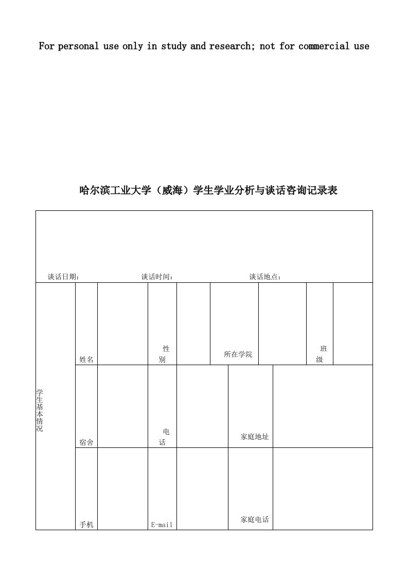 哈尔滨工业大学(威海)学生学业分析与谈话咨询记录表