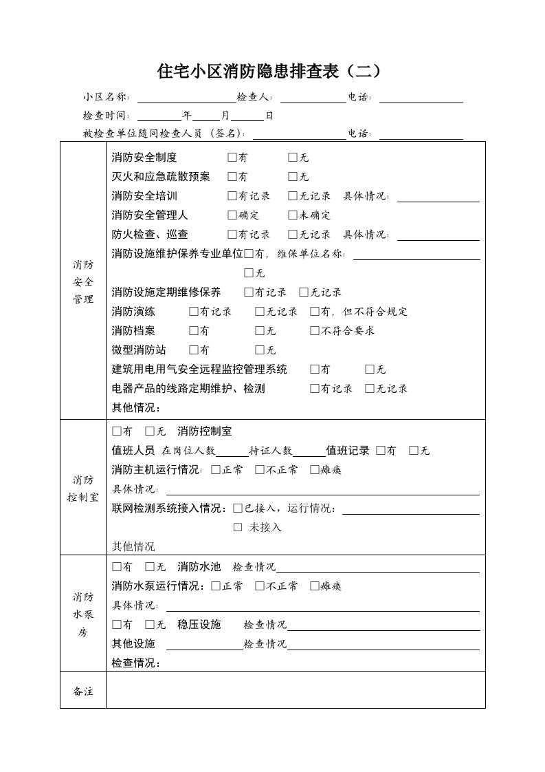 住宅小区消防隐患排查表