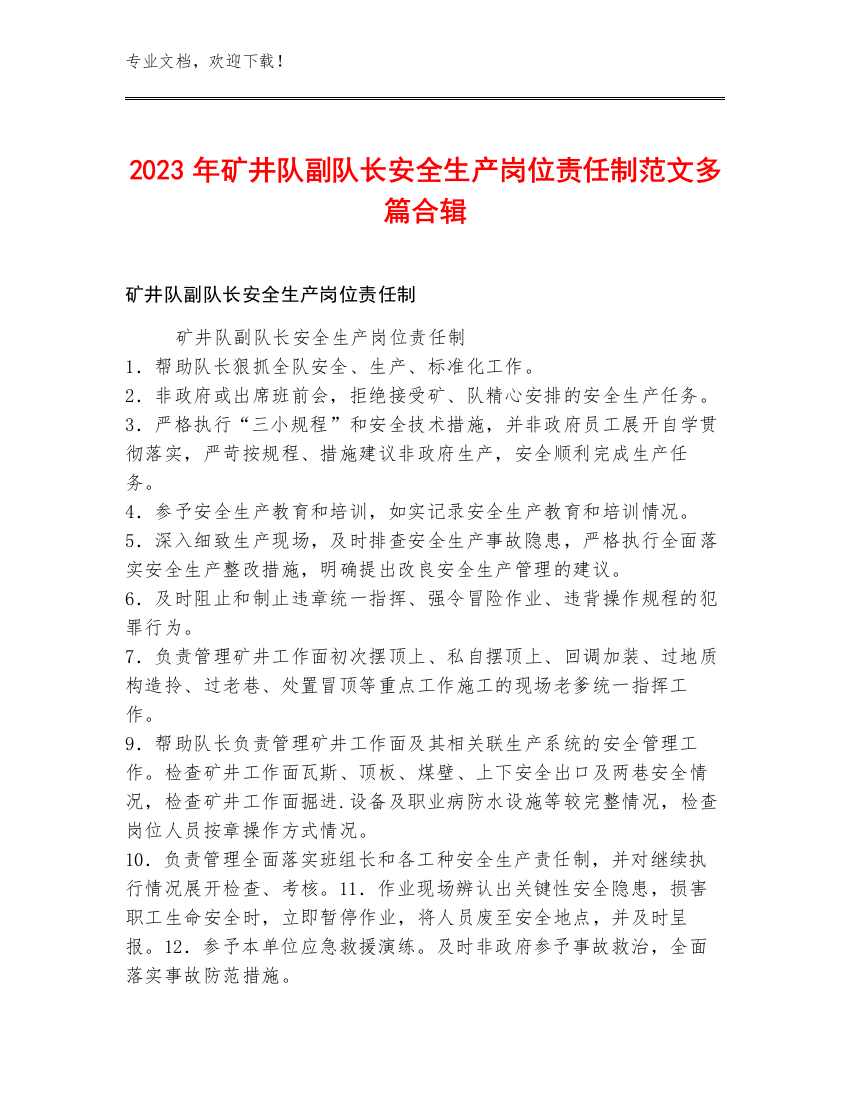 2023年矿井队副队长安全生产岗位责任制范文多篇合辑