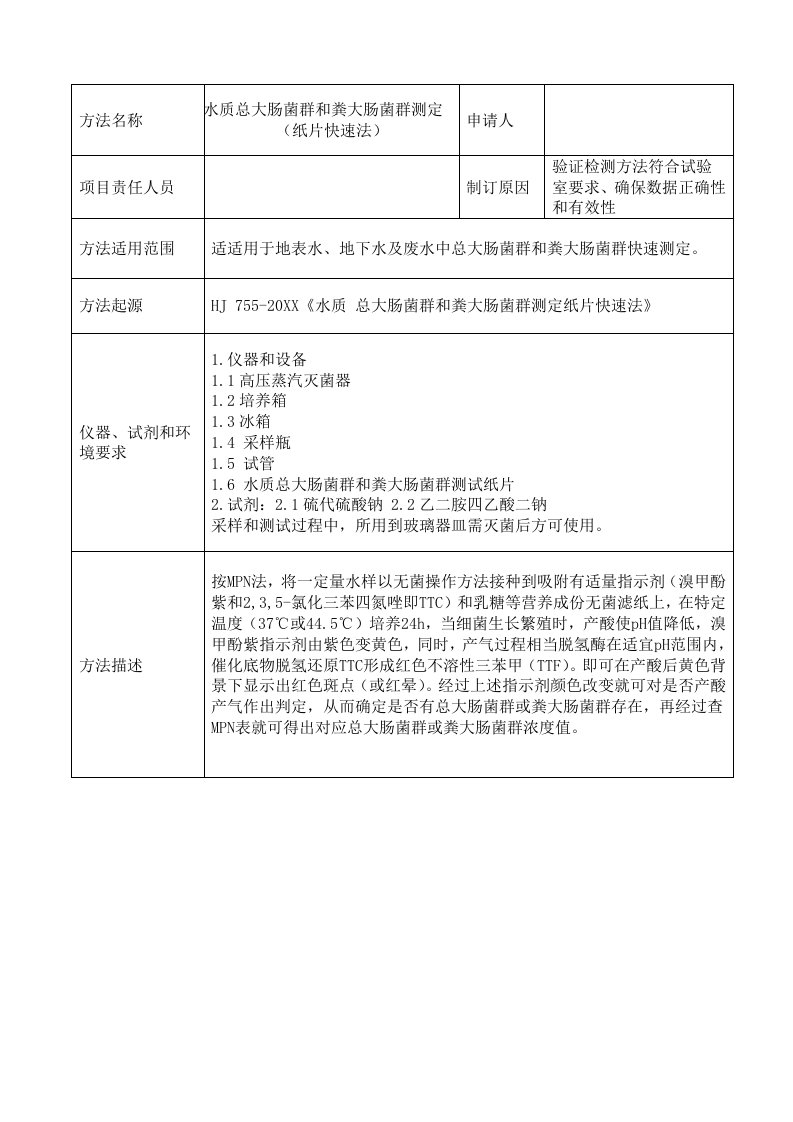 2021年水质总大肠菌群和粪大肠菌群纸片快速法检测方法确认表