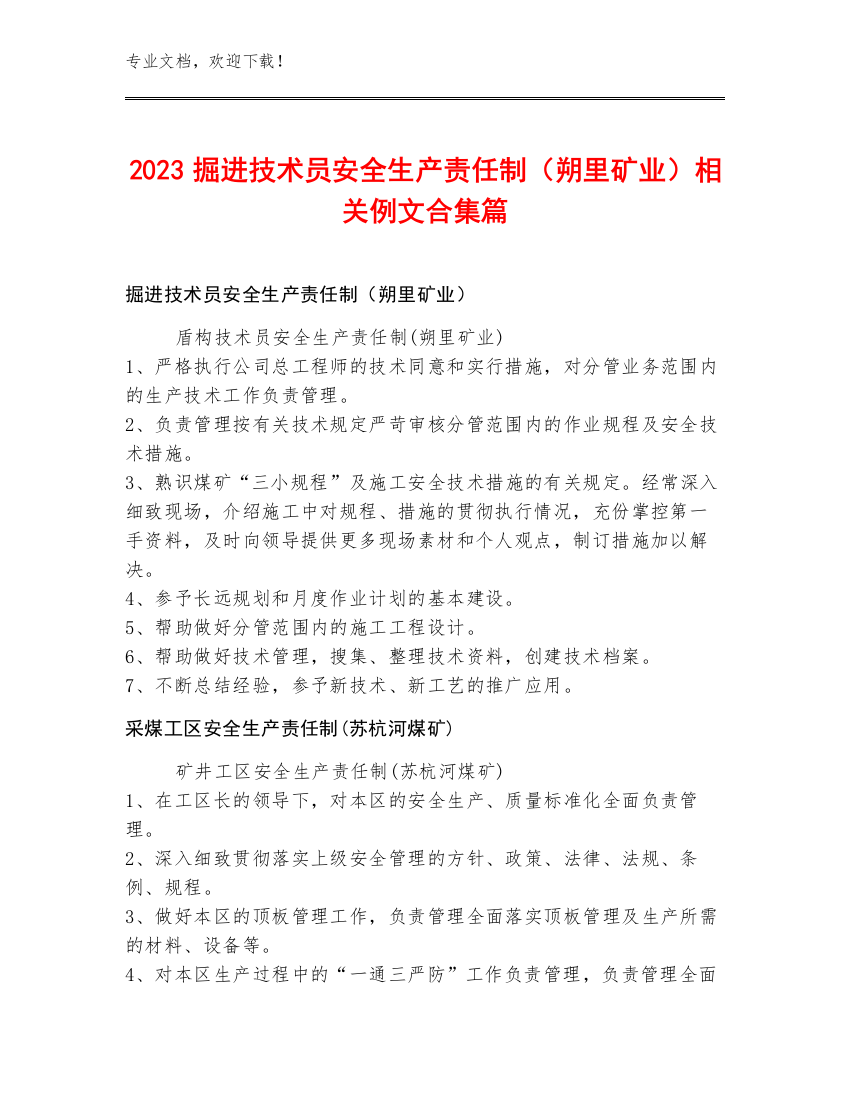 2023掘进技术员安全生产责任制（朔里矿业）例文合集篇