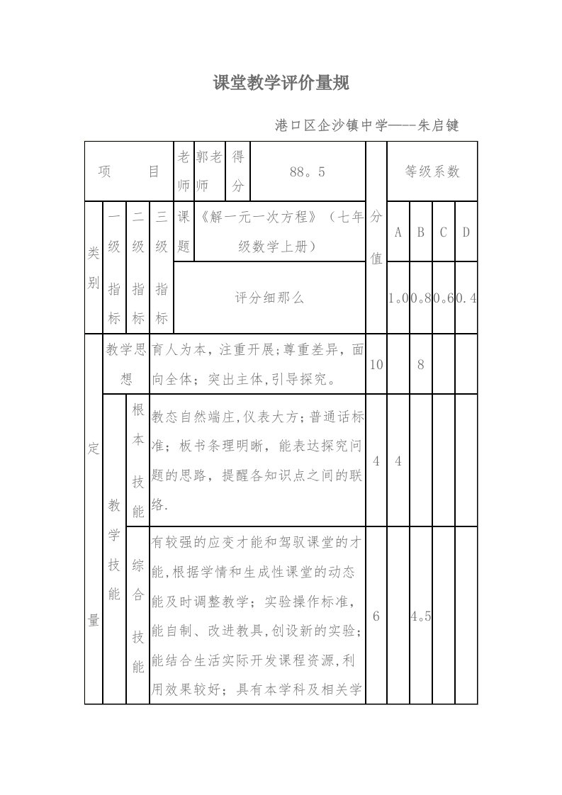 课堂教学评价量规