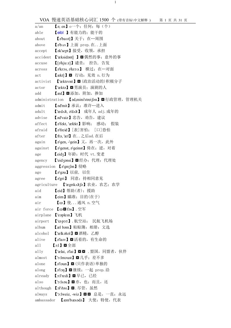 Voa慢速英语基础核心词汇1500个(带有音标中文解释)2