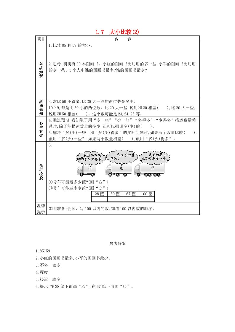 一年级数学下册第1单元100以内数的认识1.7大小比较2学案西师大版