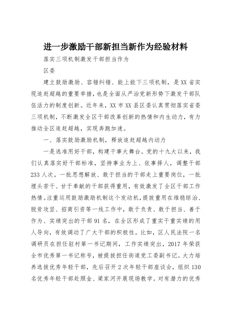 进一步激励干部新担当新作为经验材料