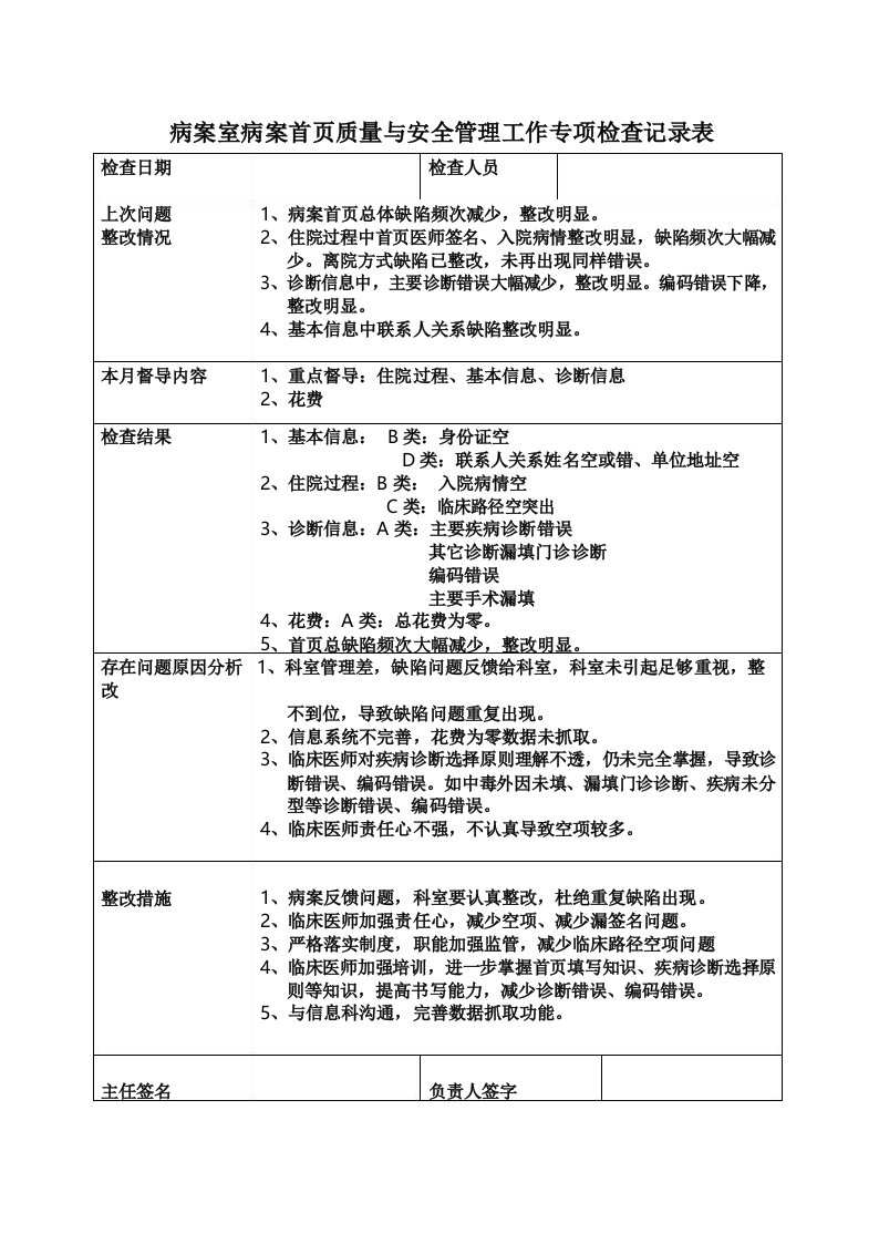 病案室病案首页质量与安全管理工作专项检查记录表