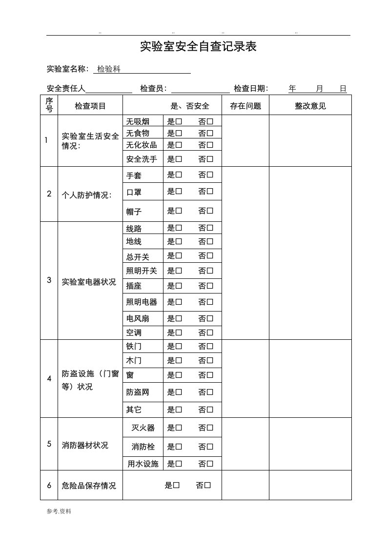 实验室安全自查记录表