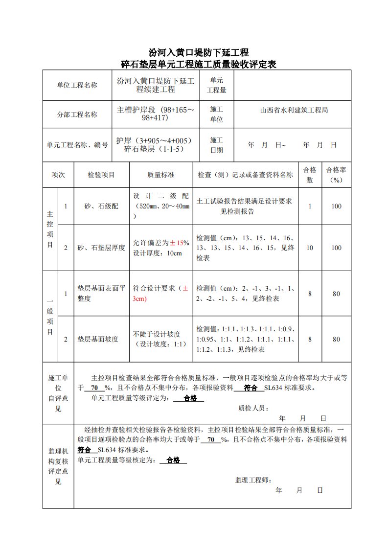 砂(石)垫层单元工程施工质量验收评定表5