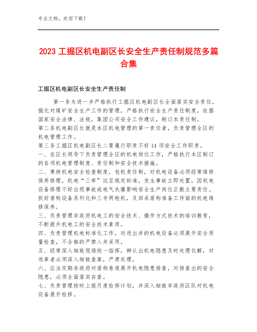 2023工掘区机电副区长安全生产责任制规范多篇合集