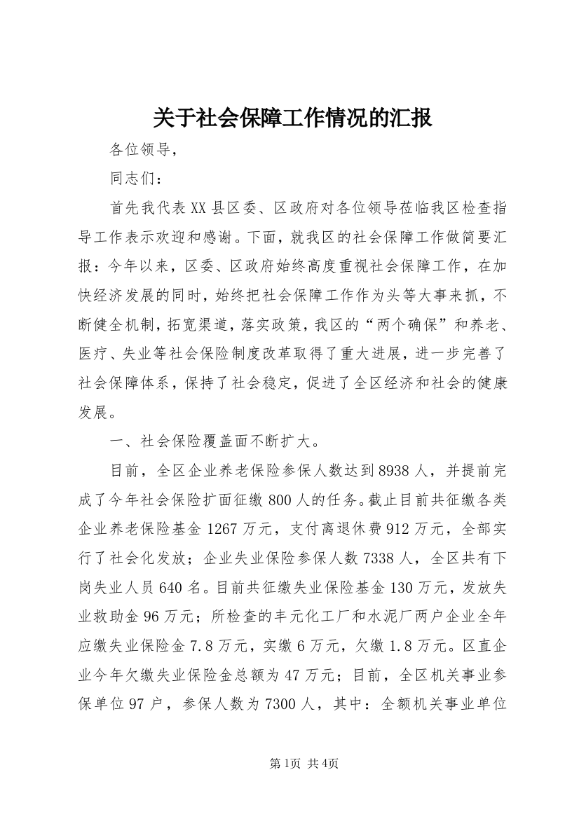 关于社会保障工作情况的汇报