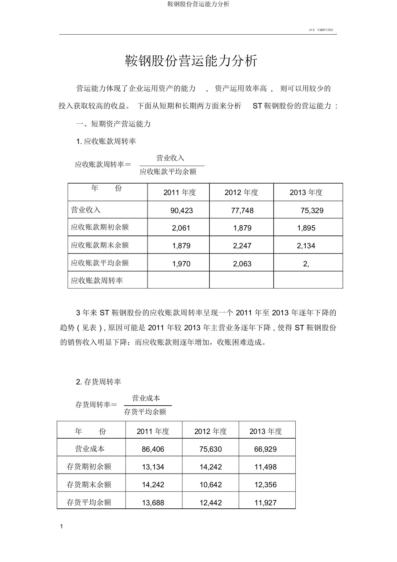 鞍钢股份营运能力分析