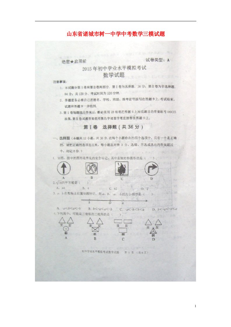 山东省诸城市树一中学中考数学三模试题（扫描版）