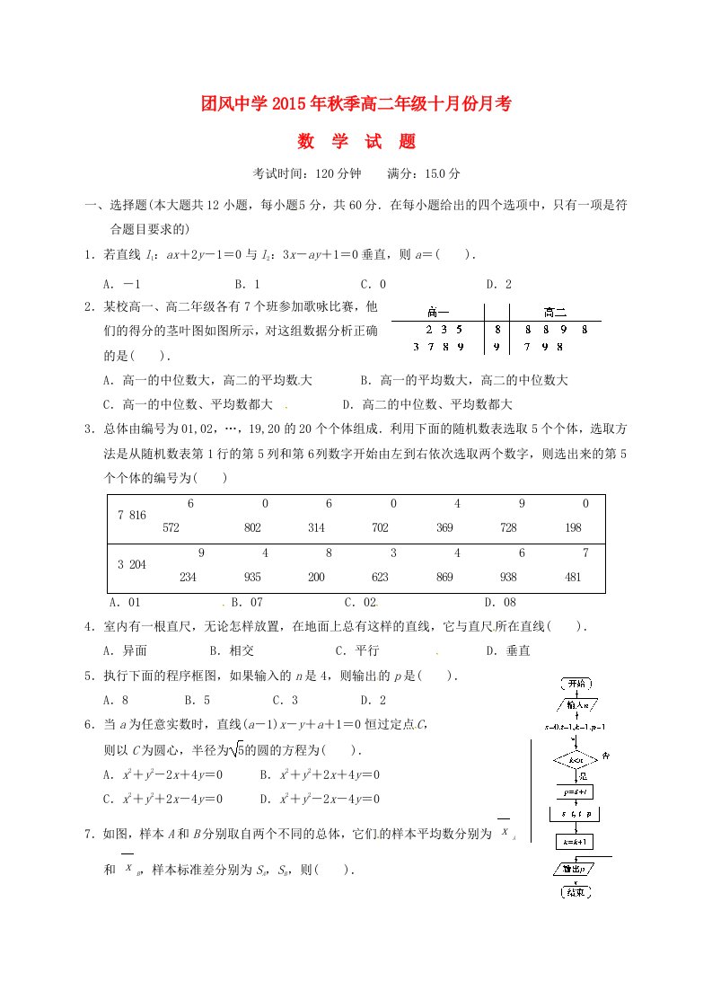 高二数学10月月考试题(3)