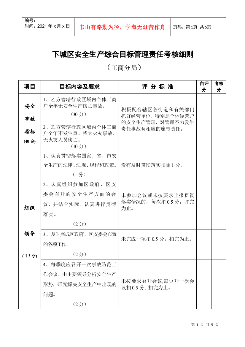 下城区安全生产综合目标管理责任考核细则