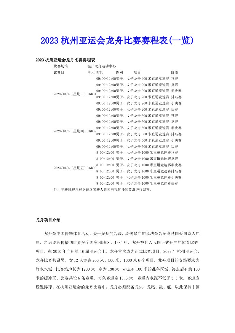 2023杭州亚运会龙舟比赛赛程表(一览)