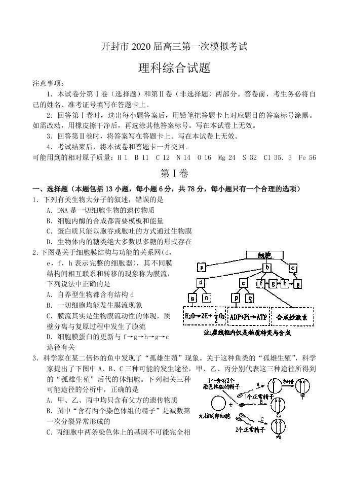 (精选)河南省开封市2020届高三第一次模拟考试——理科综合