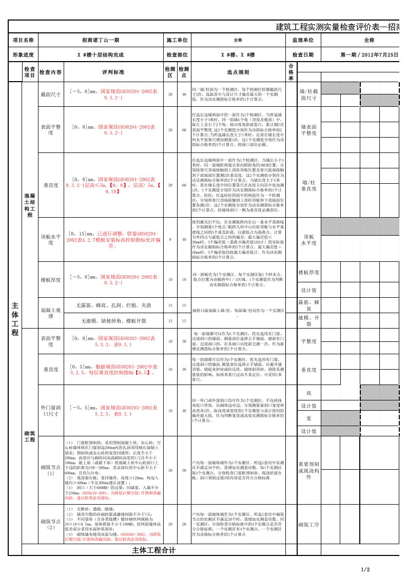 建筑工程实测实量检查评价表--自动计算