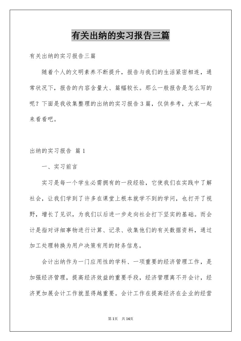 有关出纳的实习报告三篇范文