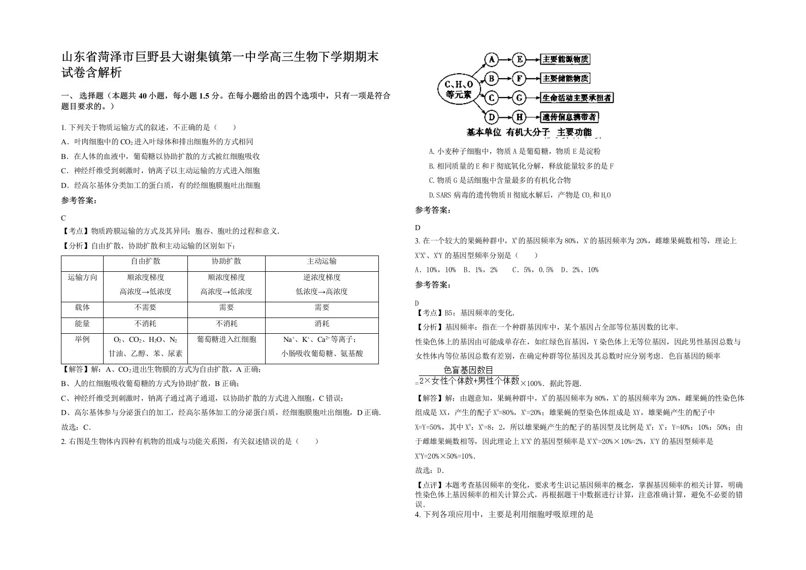 山东省菏泽市巨野县大谢集镇第一中学高三生物下学期期末试卷含解析