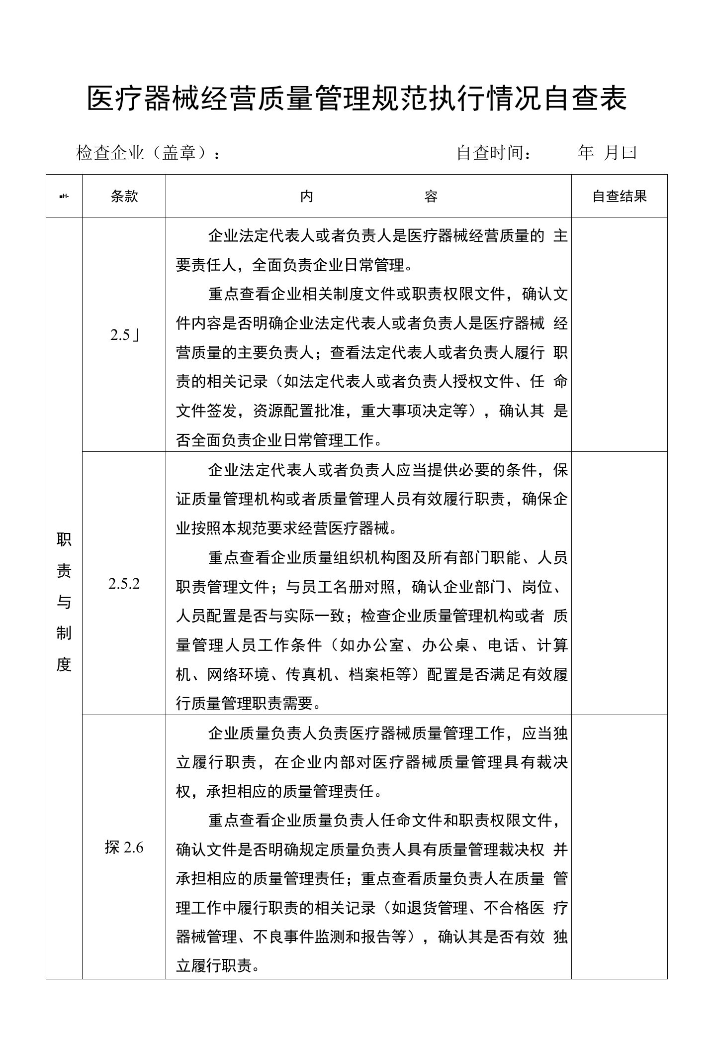 医疗器械经营质量管理规范执行情况自查表