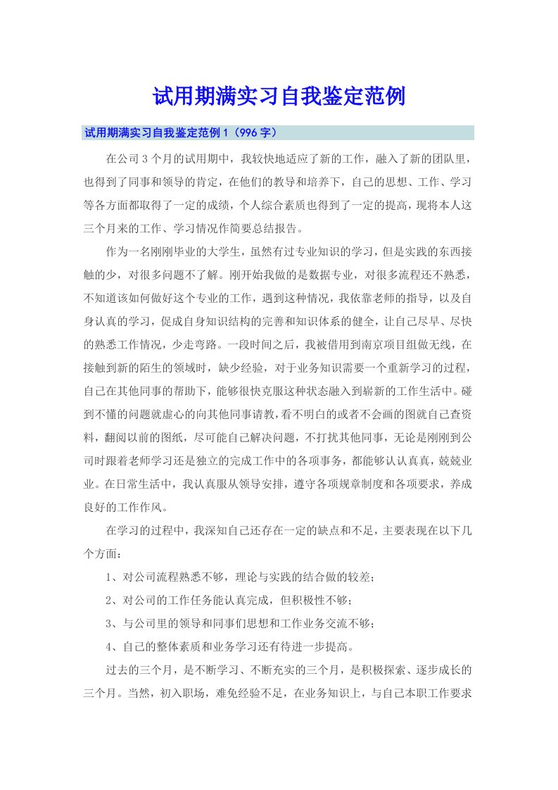 试用期满实习自我鉴定范例