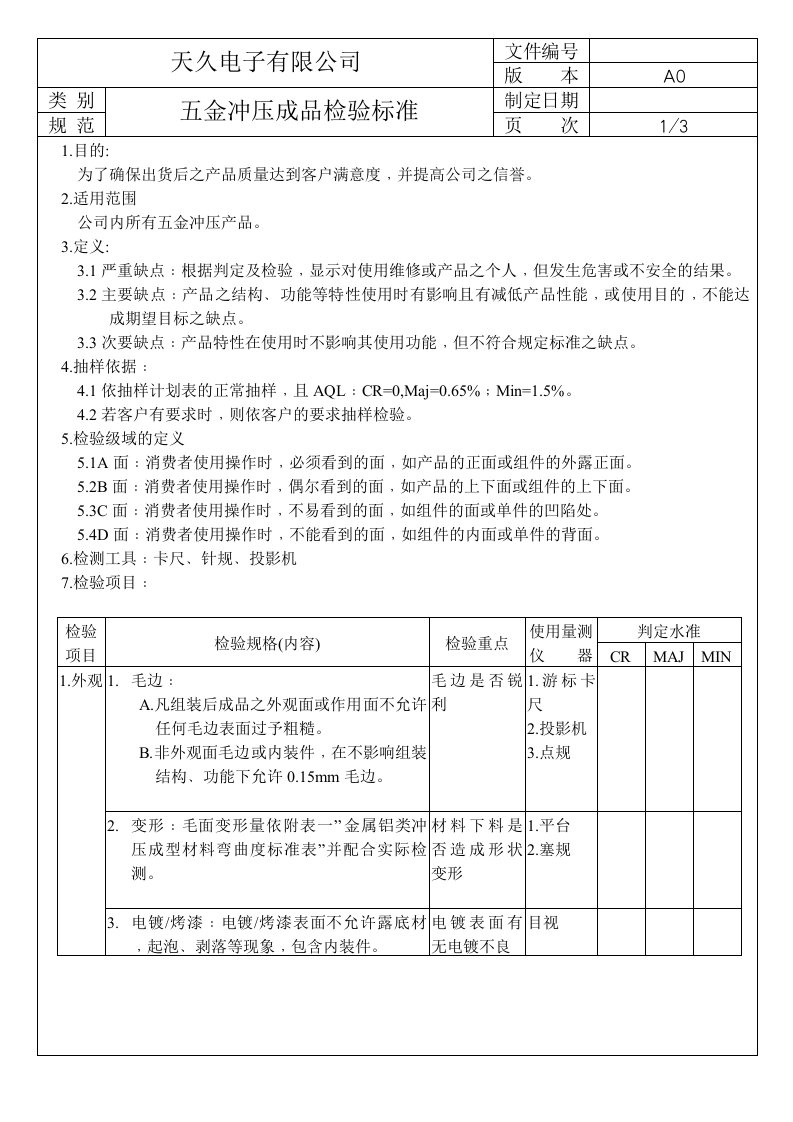 五金冲压品检验标准