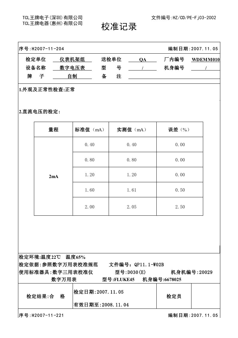 自制数字电压表校验记录