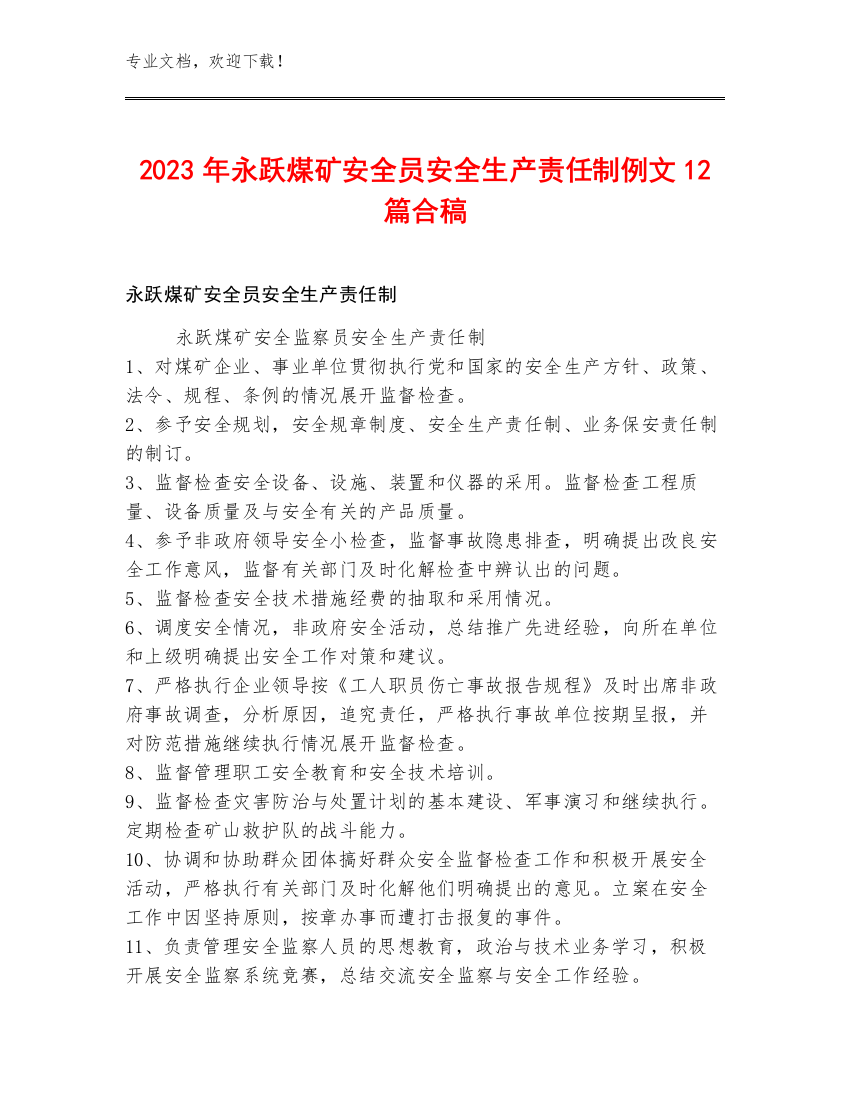 2023年永跃煤矿安全员安全生产责任制例文12篇合稿