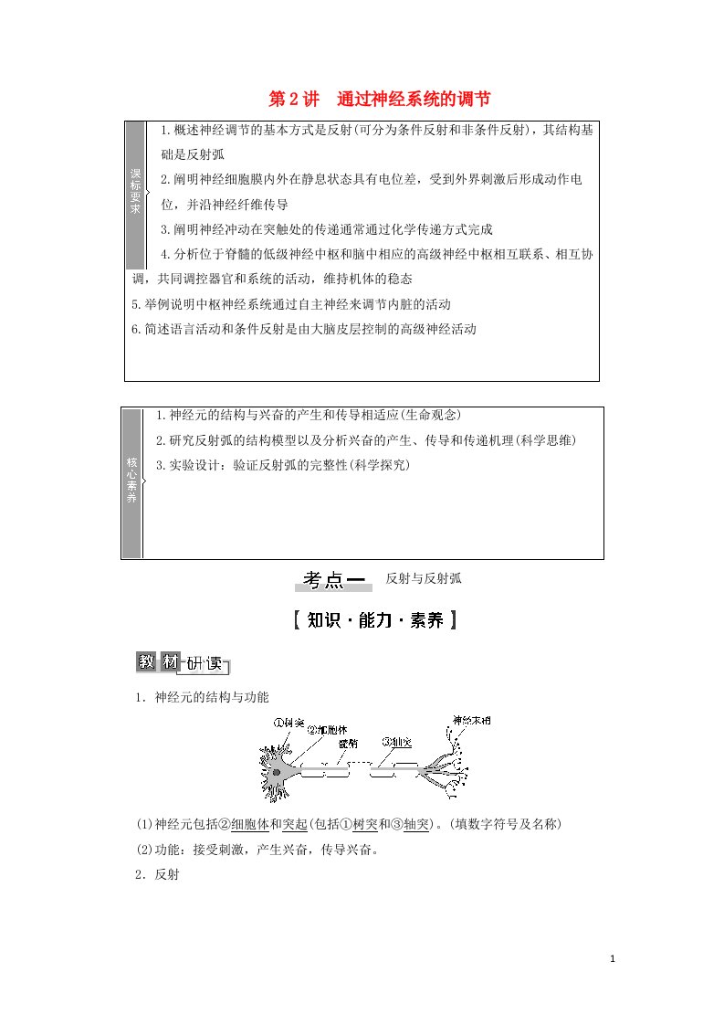 2022版高考生物一轮复习第8单元生命活动的调节第2讲通过神经系统的调节学案