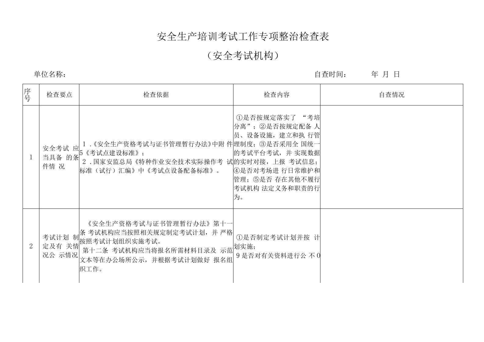 安全生产培训考试工作专项整治检查表安全考试机构