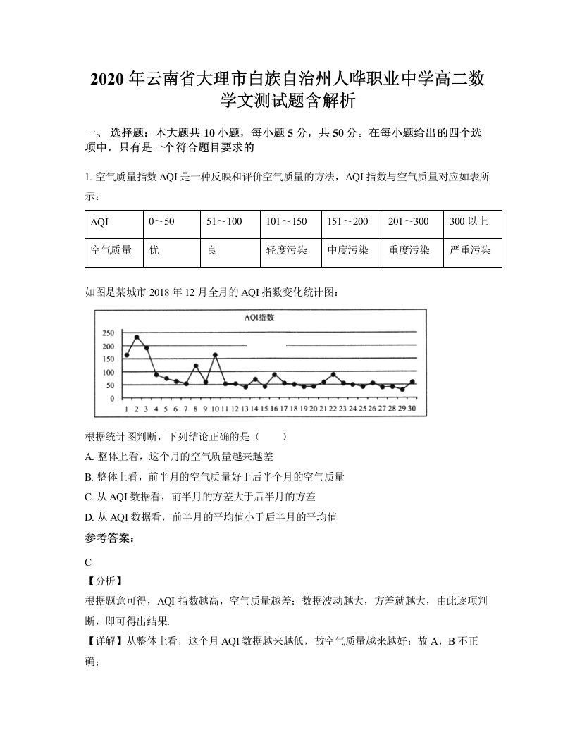 2020年云南省大理市白族自治州人哗职业中学高二数学文测试题含解析