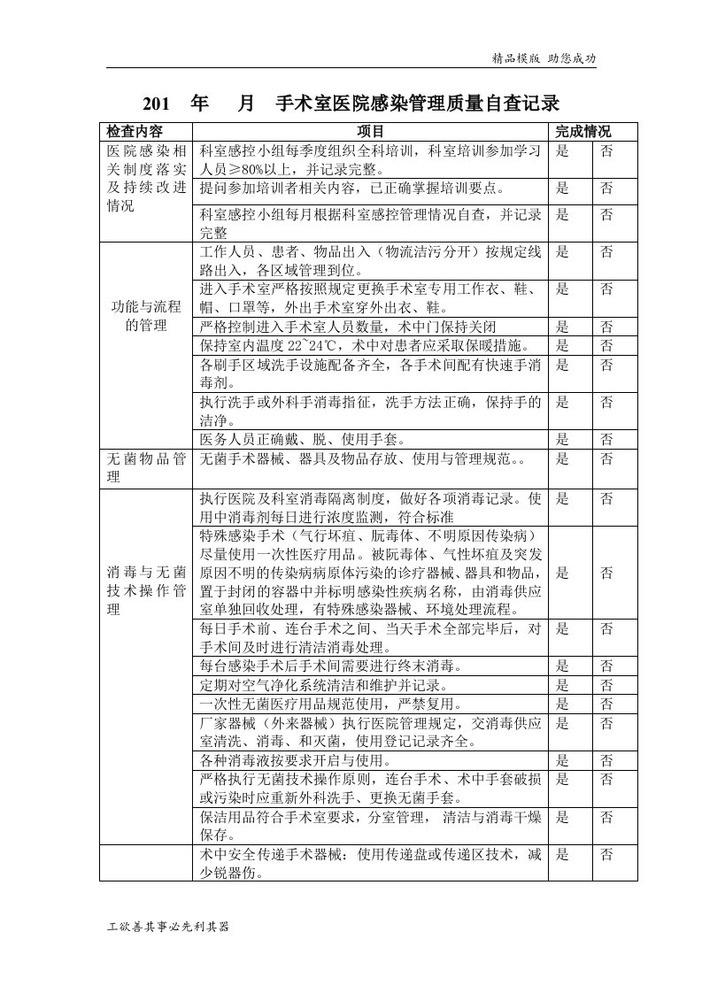 手术室感染管理质量自查表