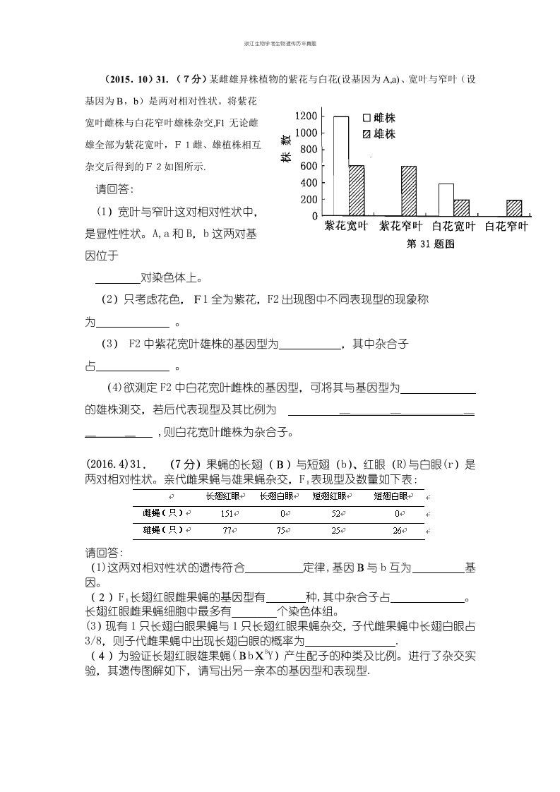 浙江生物学考生物遗传历年真题