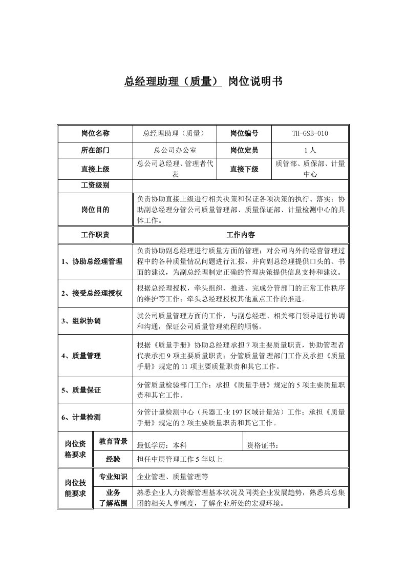 办公文秘-总经理助理质量岗位说明书