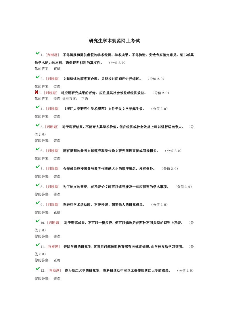 研究生学术规范网上考试答案