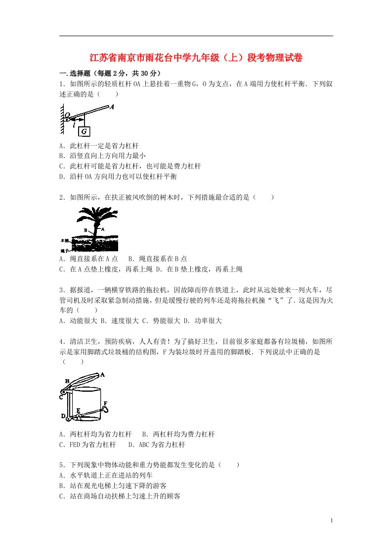 江苏省南京市雨花台中学九级物理上学期段考试题（含解析）