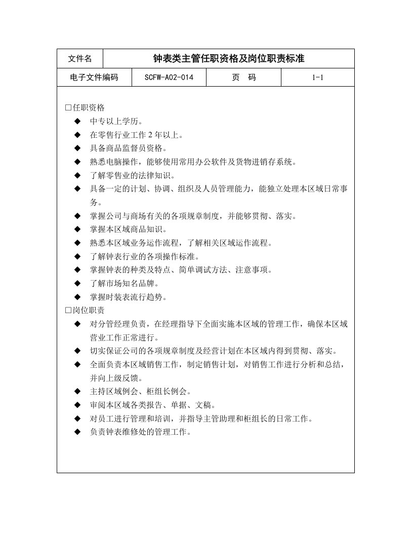 14-钟表类主管任职资格及岗位职责标准