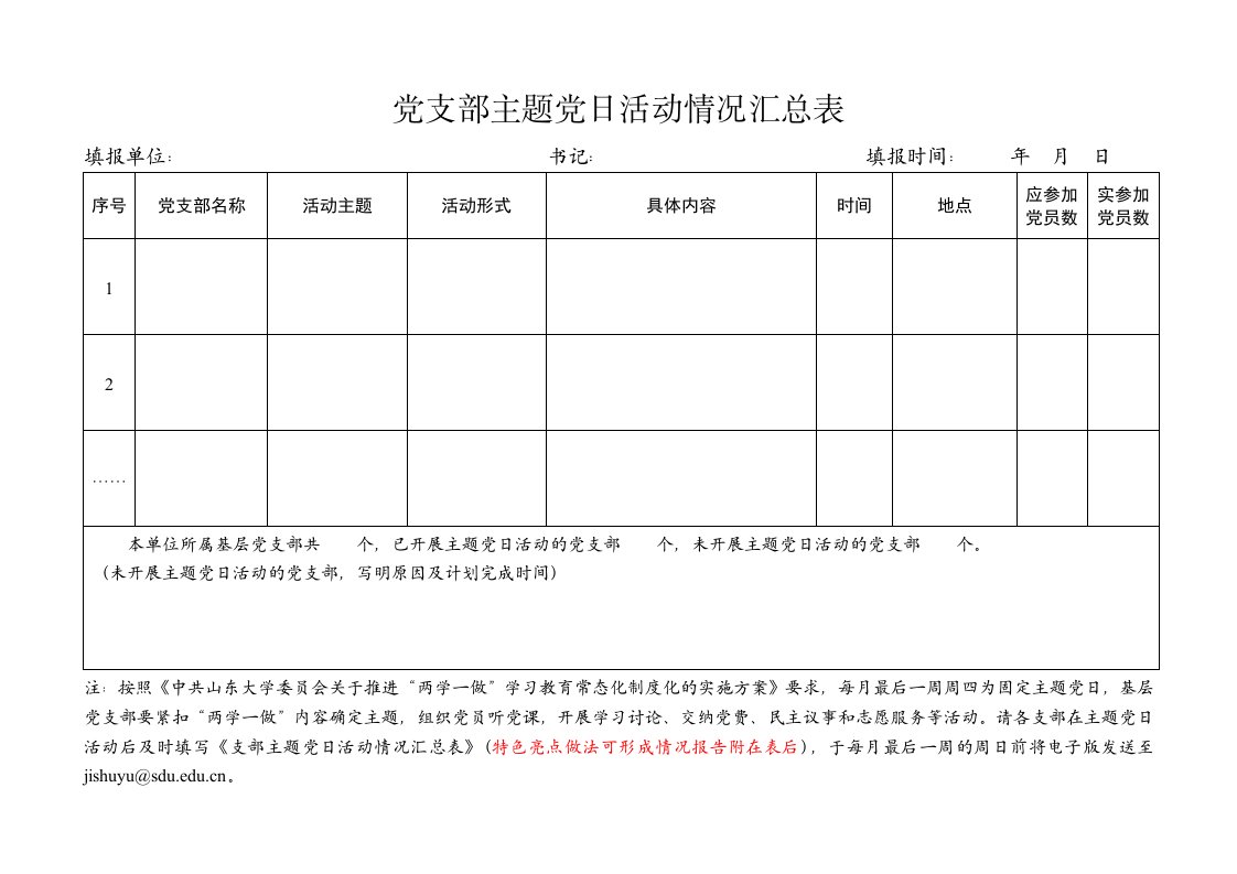 党支部主题党日活动情况汇总表